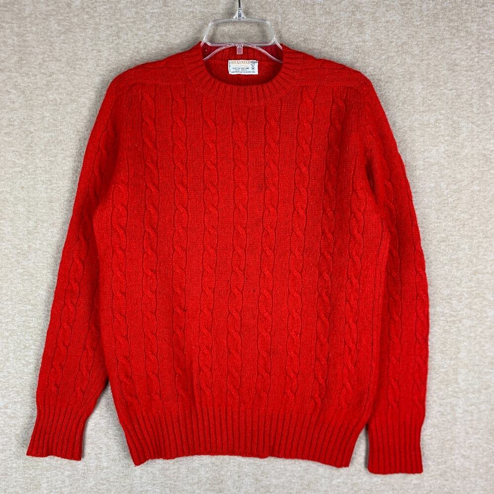 Vtg Braemar International 100% Wool Scottish Shetland Sweater M Red Cable Knit